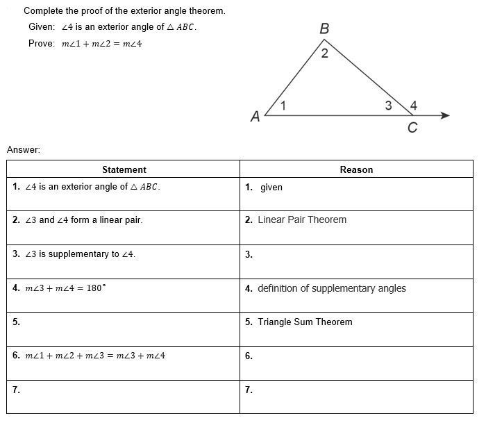 please help me quick Complete the proof of the exterior angle theorem. Given: ∠4 is-example-1