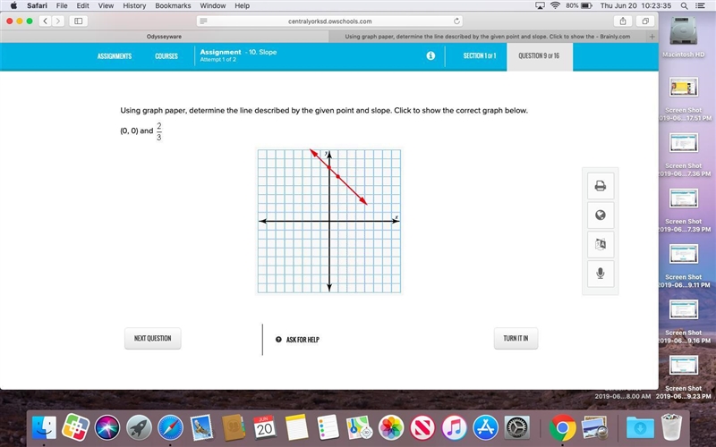 Using graph paper, determine the line described by the given point and slope. Click-example-3