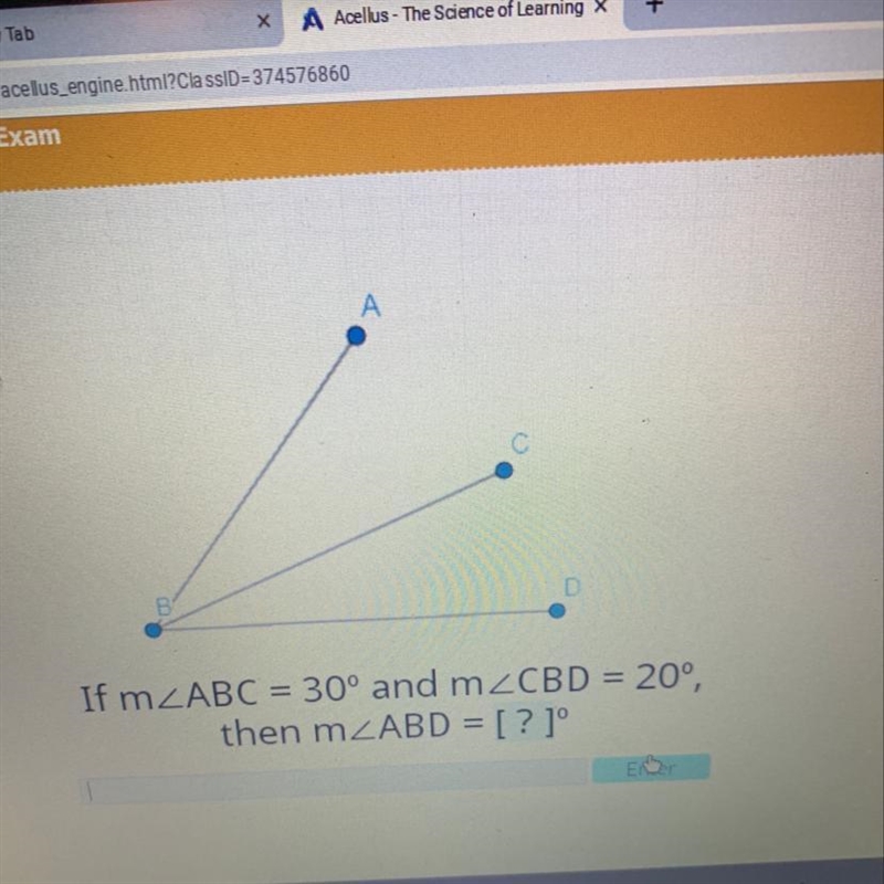 If M ABC = 30 and m CBD =20 then m ABD = Please HELP-example-1