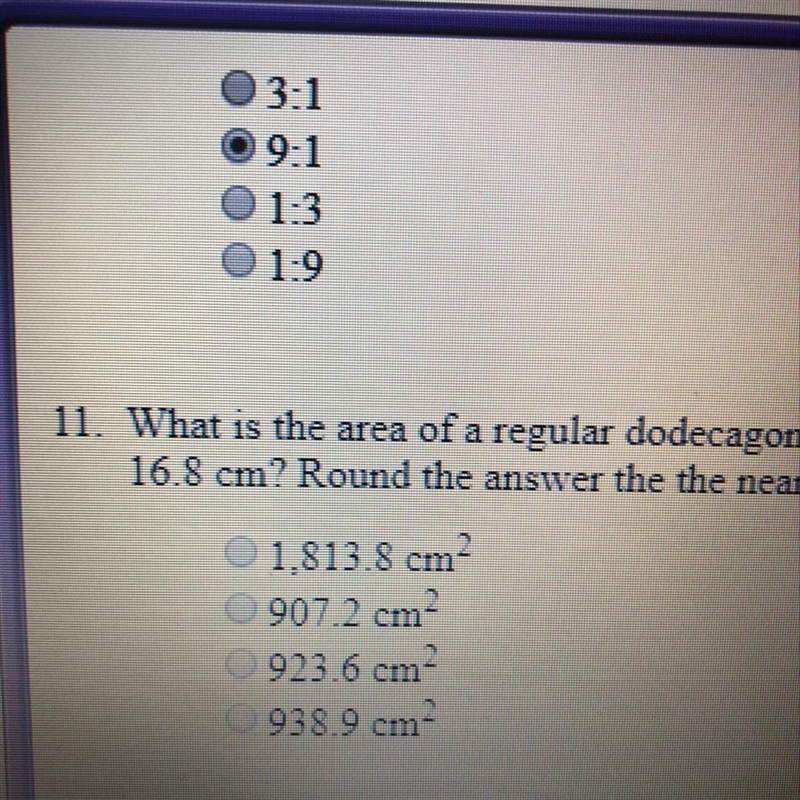 What is the area of a regular dodecagon (12 sides) with side length of 9 cm and apothem-example-1