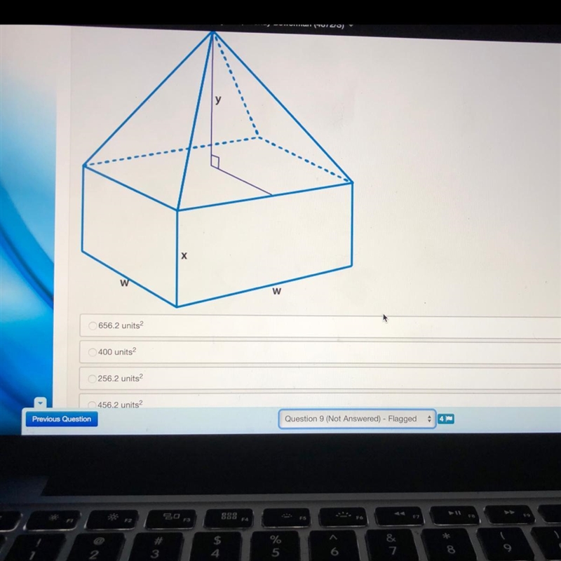 If w = 10 units, x= 5 units, and y= 6 units, what is the surface area of the figure-example-1