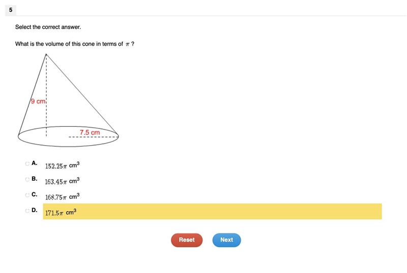 HELP!!!! Select the correct answer. What is the volume of this cone in terms of ?-example-1