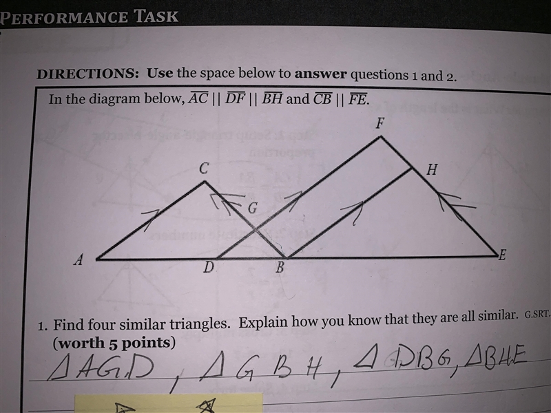 (1) In the diagram below, AC || DF|| BH || and CB || FE. Find four similar triangles-example-1