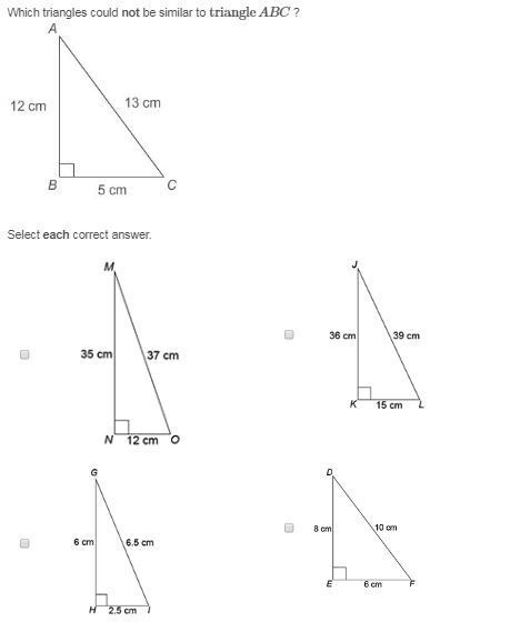 ↓ please help asap! ↓ Which triangles could not be similar to triangle ABC ?-example-1