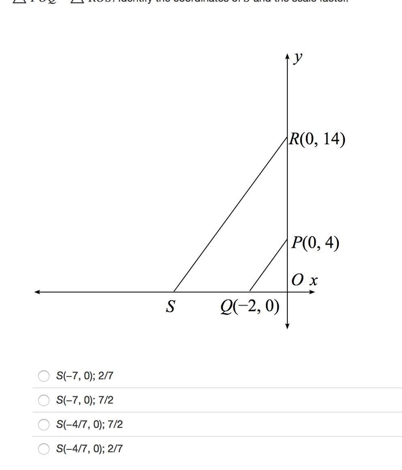 △POQ~△ROS. Identify the coordinates of S and the scale factor. HELP ASAP!!-example-1