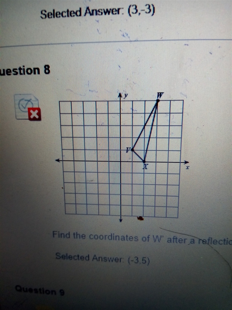 Please help me. Find the coordinates of W' after a reflection across the x axis and-example-1