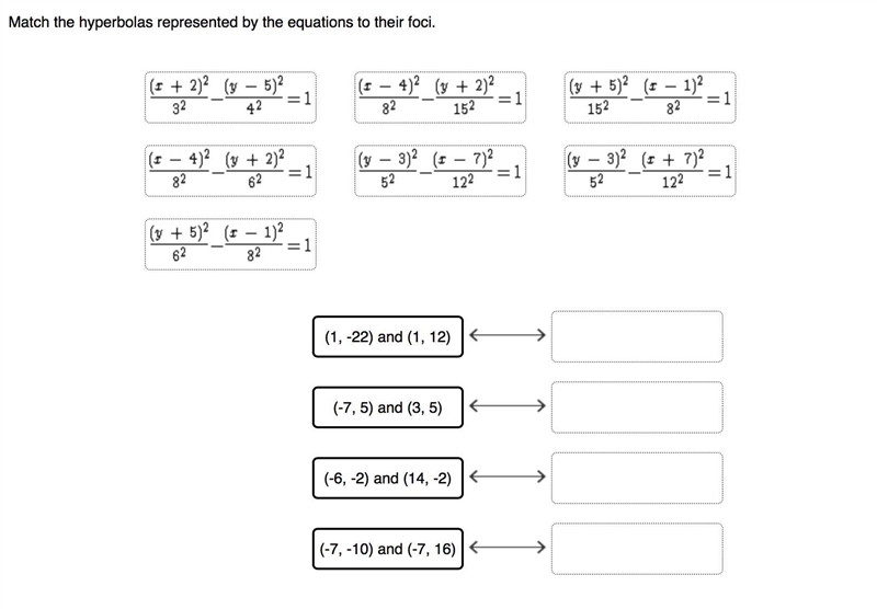 Match the hyperbolas represented by the equations to their foci.-example-1