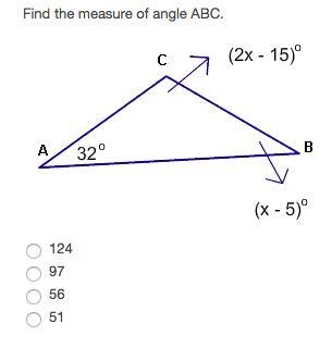 Find the measure of angle ABC. A. 124 B. 97 C. 56 D. 51-example-1