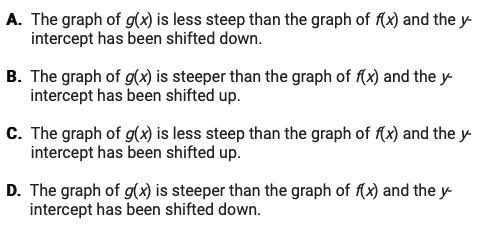 The linear parent function f(x) = x is transformed to g(x) = 1/3x-5. Which statement-example-1