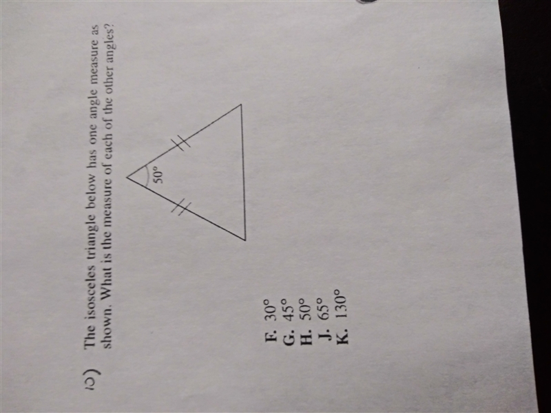 The isosceles triangle below has one angle measure as shown what is the measure of-example-1