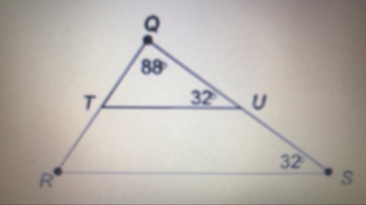 △RQS is similar to △TQU by the AA similarity postulate. What is the measure of angle-example-1