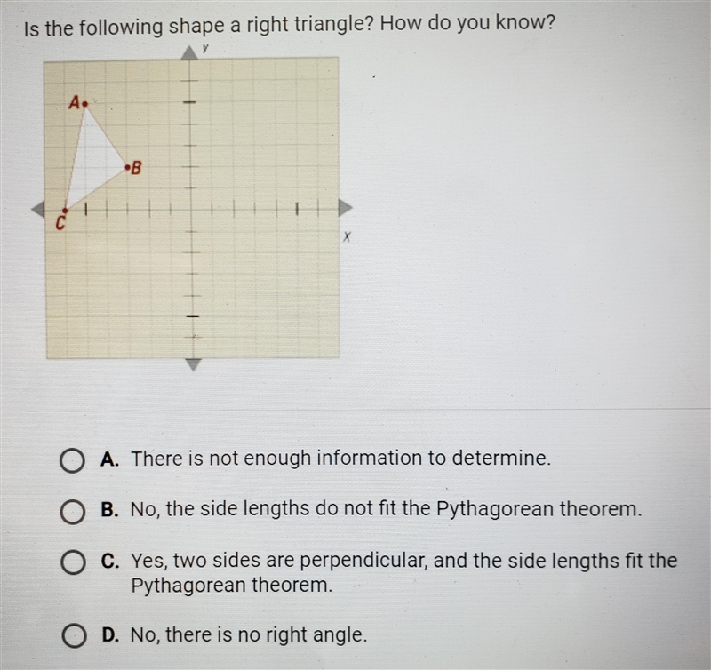 Is the following shape a right triangle? How do you know?-example-1