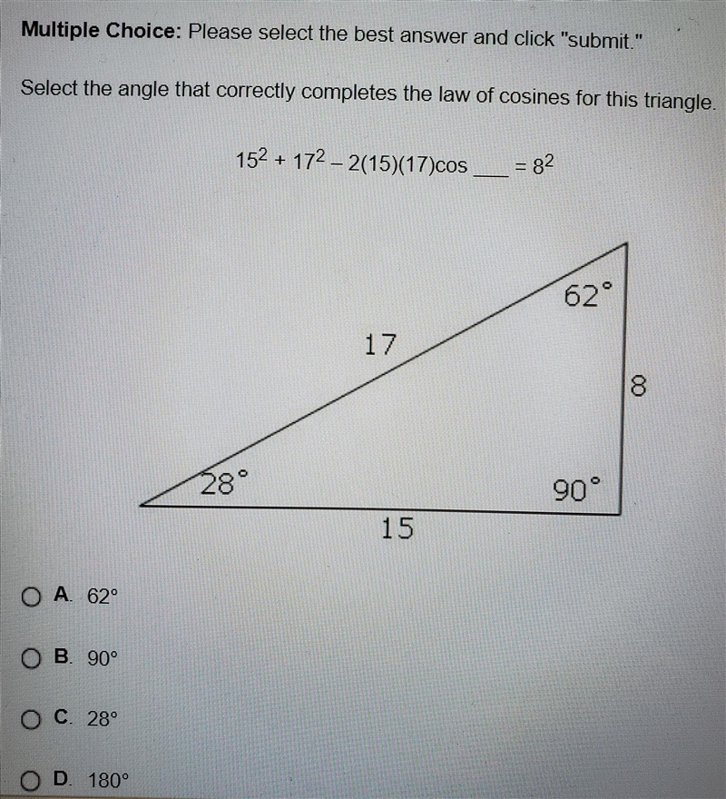 Select the angle that correctly completes the law of cosines for this triangle-example-1