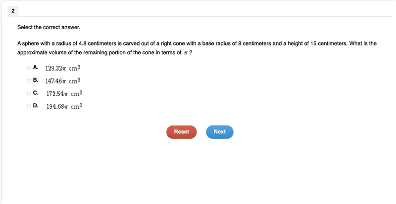 NEED HELP NOW!! Select the correct answer. A sphere with a radius of 4.8 centimeters-example-1