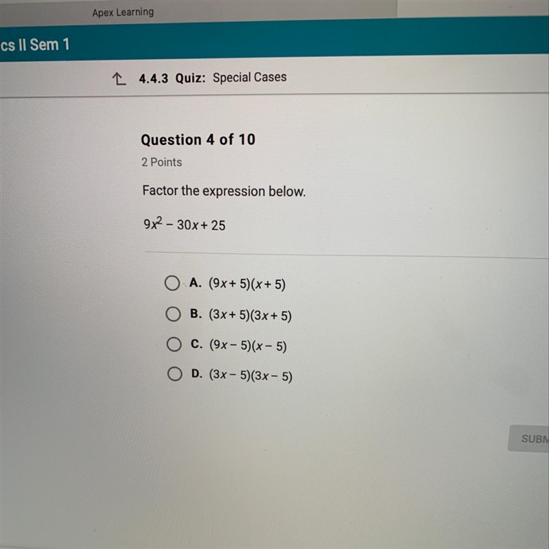 ‼️‼️HELP PLEASE:(‼️‼️ Factor the expression below. 9x2 - 30x+ 25-example-1