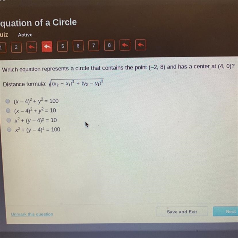 Which equation represents a circle that contains the point (-2, 8) and has a center-example-1