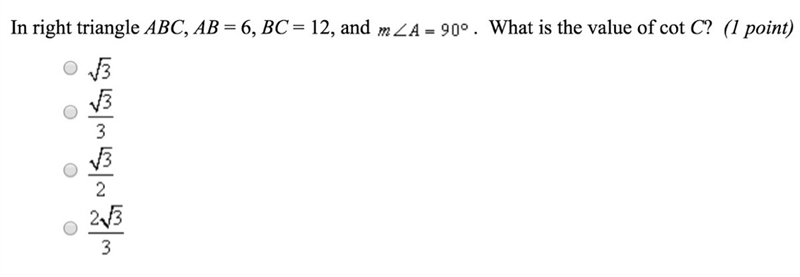 In right triangle ABC, AB = 6, BC =12, and m-example-1