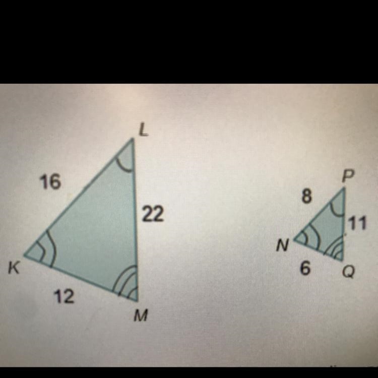 Which statement describes the relationship, if any, that exists between triangle KLM-example-1