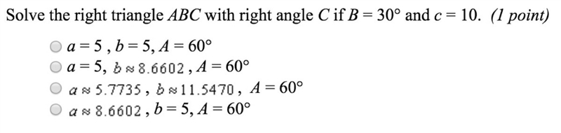 Solve the right triangle ABC with right angle C if B = 30° and c = 10.-example-1