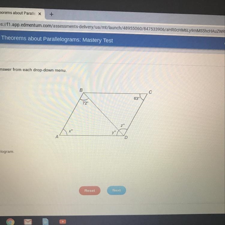 Select the correct answer from each drop-down menu. ABCD is a parallelogram. mZx = mZy-example-1