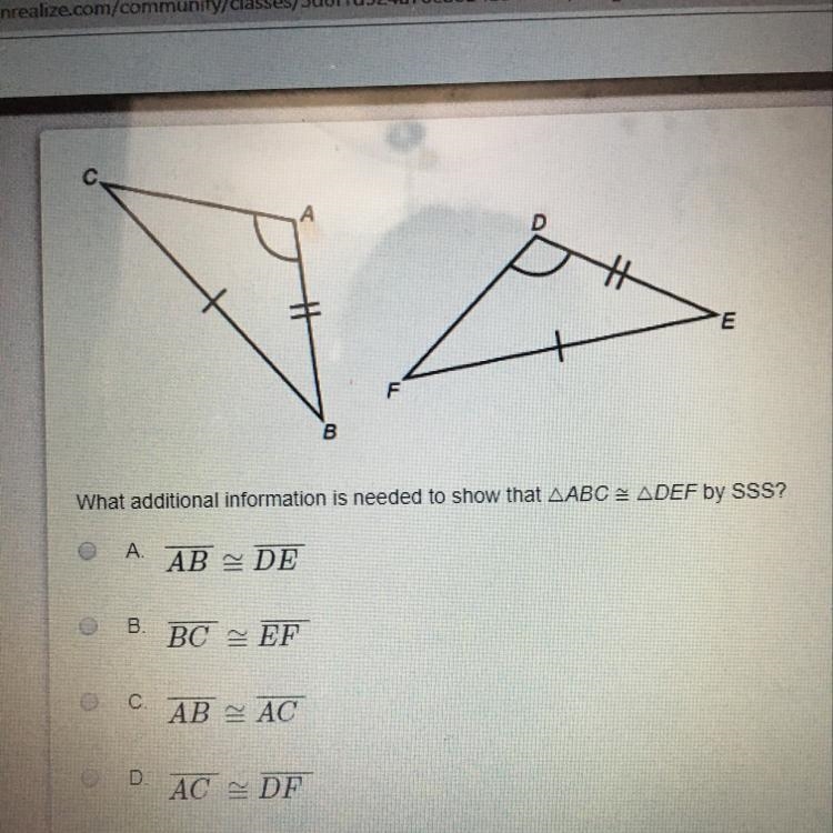 What additional information is needed to show that triangle ABC is approximately equal-example-1