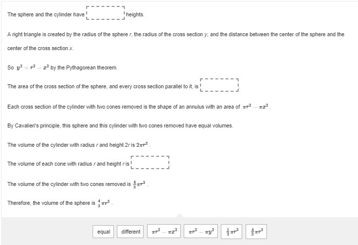 How is the formula for the volume of a sphere derived? Drag and drop the correct word-example-2