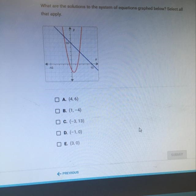 What are the solutions to the system of equations graphed below? Select all that apply-example-1