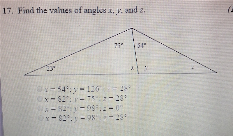 find the values of angles x y and z. please help me asap i have to have this done-example-1