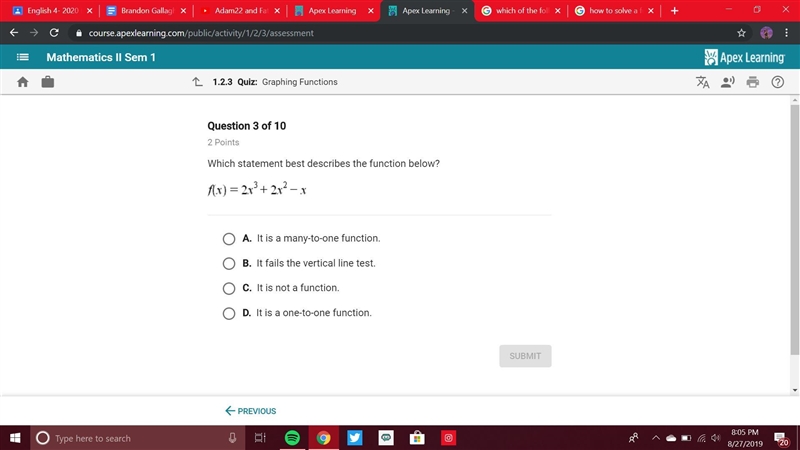 A. It is a many-to-one function B. It fails the Vertical line test C. It is not a-example-1