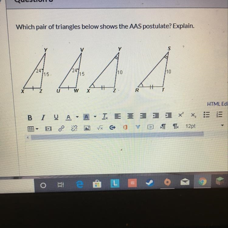 Which pair of triangles below shows the AAS Postulate. Explain-example-1