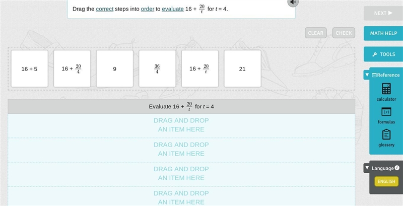 Drag the correct steps into order to evaluate 16 + 20t for t = 4.-example-1