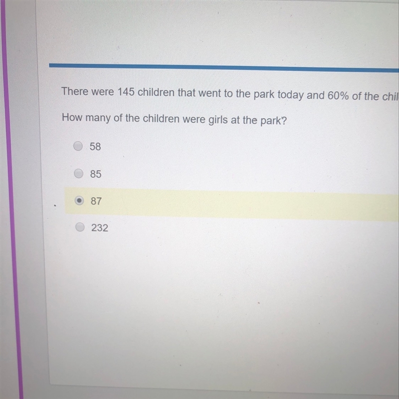 There were 145 children that went to the park today and 60% of the children were boys-example-1