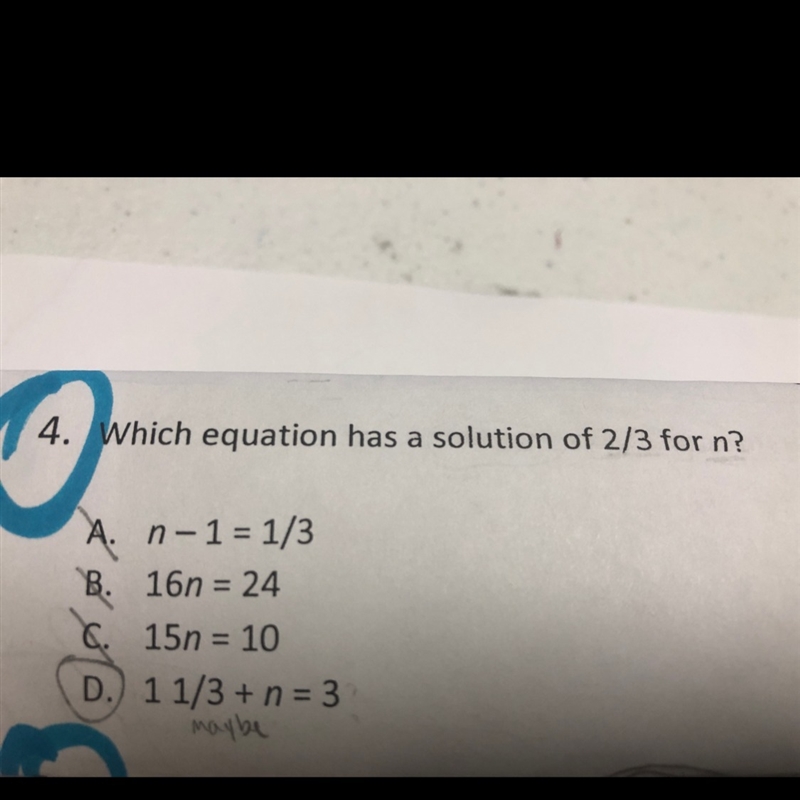 Which equation has a solution of 2/3 for n-example-1