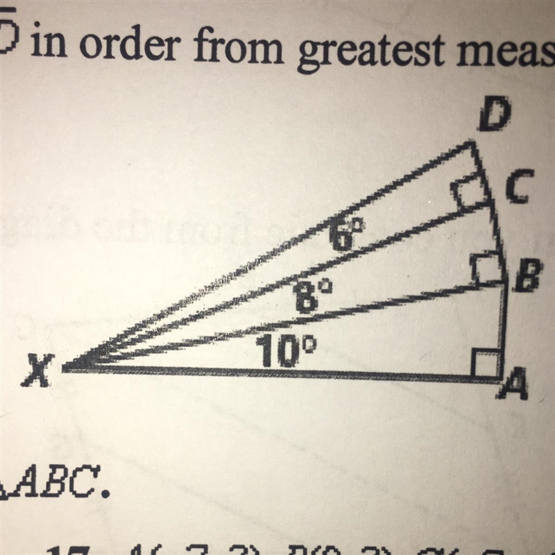 In the figure below, put the segments XB, XC, and XD in order from greatest measure-example-1