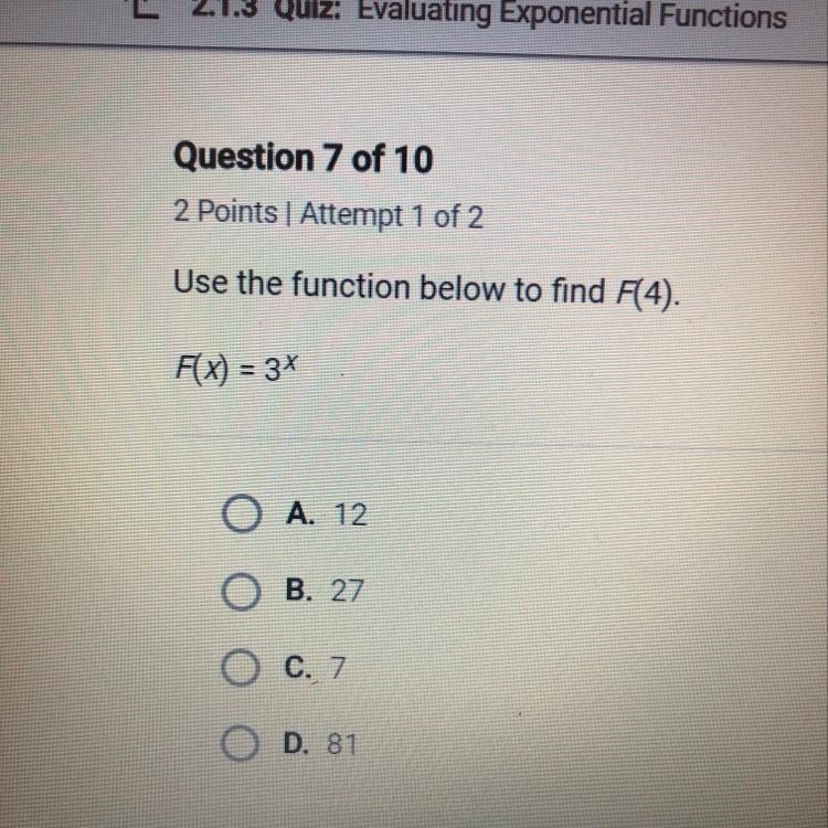 Use the function below to find f(4). F(x) = 3x-example-1