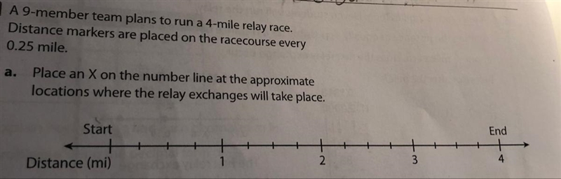 A 9-member teams plans to run a 4 mile race distance markers are placed on the racecourse-example-1