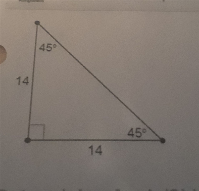 Each leg of a 45°- 45°- 90° triangle measures 14 cm. What is the length of the hypotenuse-example-1