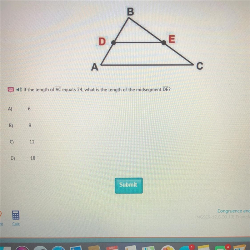 If the length of line AC equals 24 what is the length of the mid segment lineDE-example-1