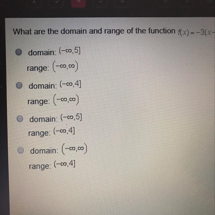 What are the domain and the range of the function f(x)=-3(x-5)^2+4?-example-1