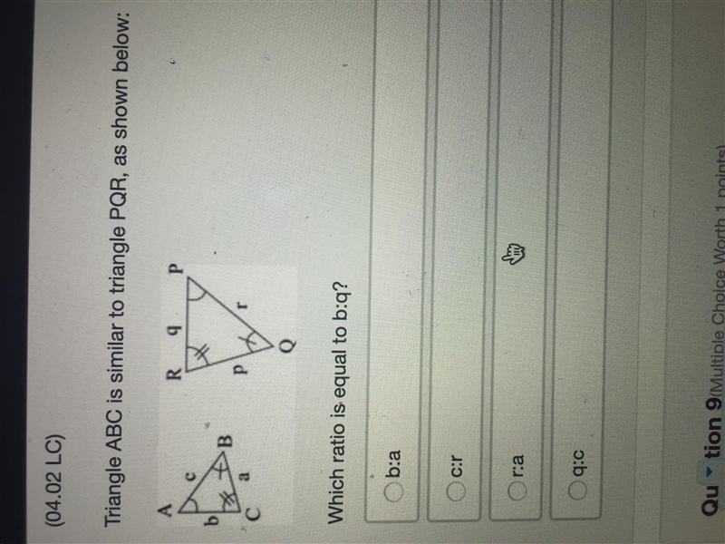 Two similar triangles ABC and PQR are shown-example-1