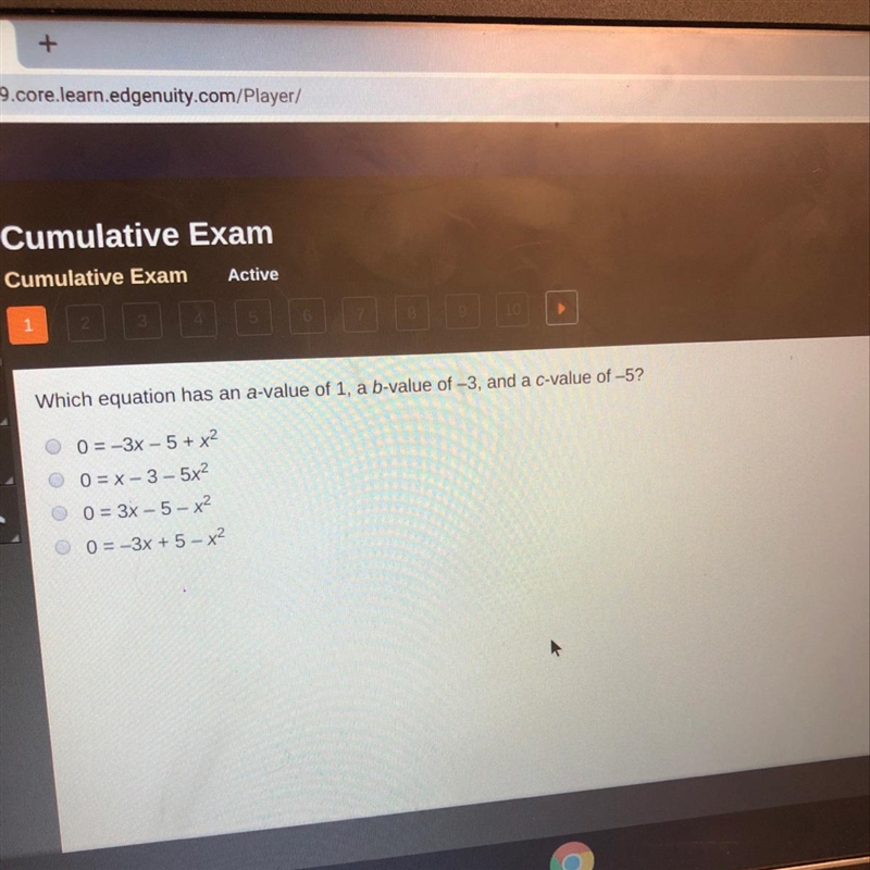 Which equation has an a-value of 1, a b-value of -3, and a c-value of -5 ?-example-1