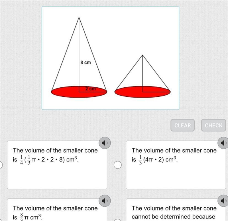 Two cones have a radius of 2 cm. The height of one cone is 8 cm. The other cone is-example-1