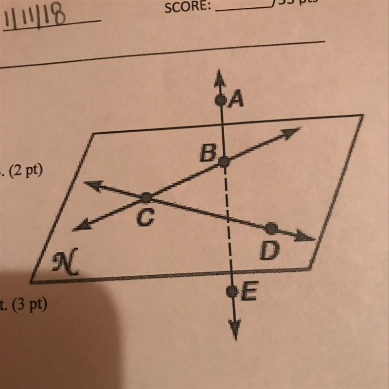 Name two lines that intersect and the point where they intersect ?-example-1