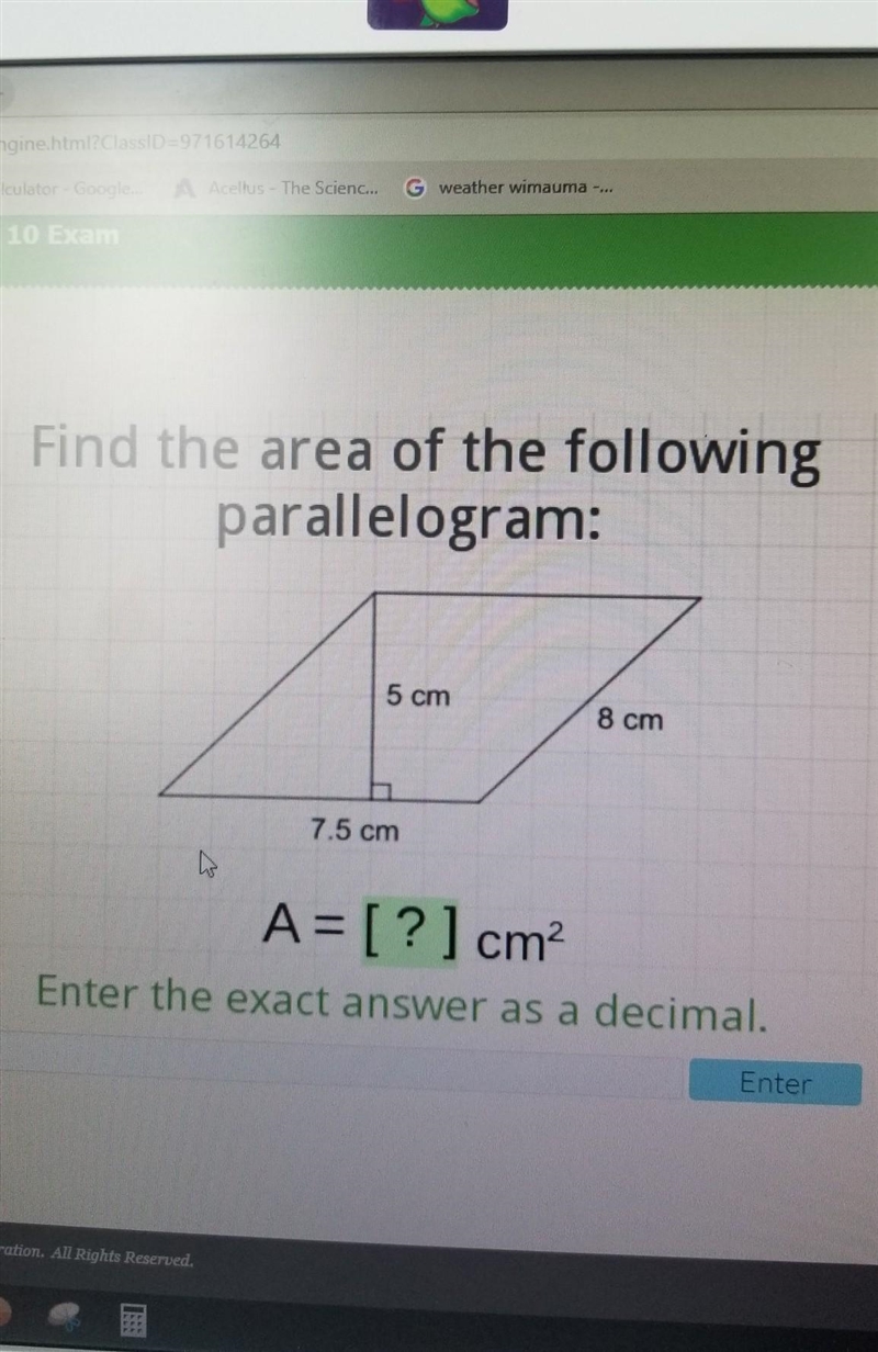 Find the area of the following parallelogram:​-example-1