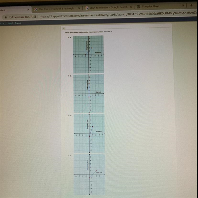 Which graph shows the line joining the complex numbers -i and 2+!?-example-1