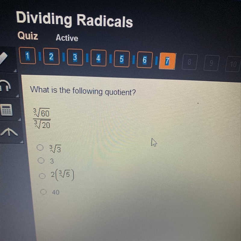 What is the following quotient? 3 sqrt 60 / 3 sqrt 20-example-1