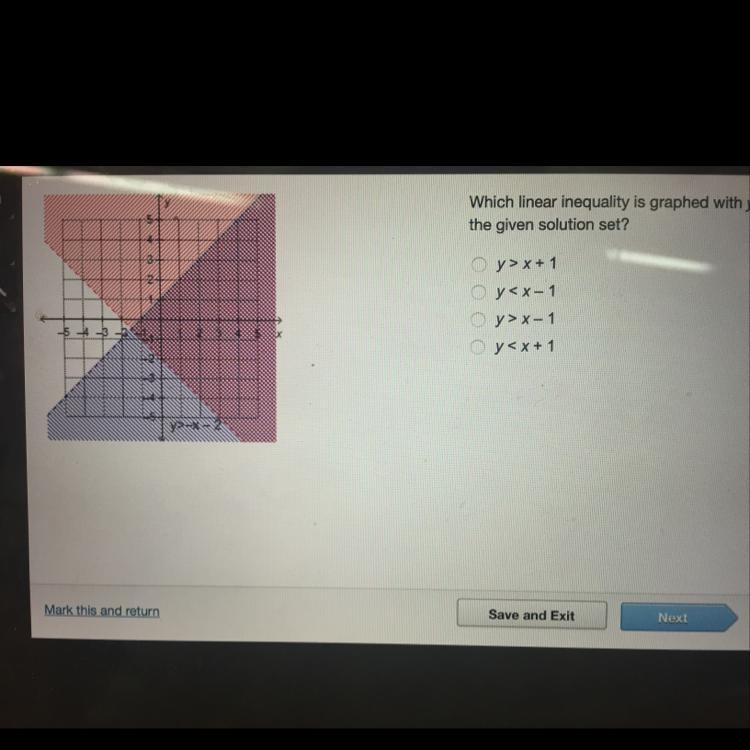 Which linear inequality is graphed with y>-x-2 to create the given solution set-example-1