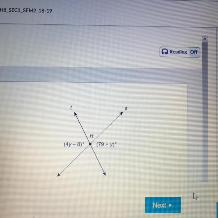 The lines s and t intersect at point R. What is the value of y? Enter your answer-example-1