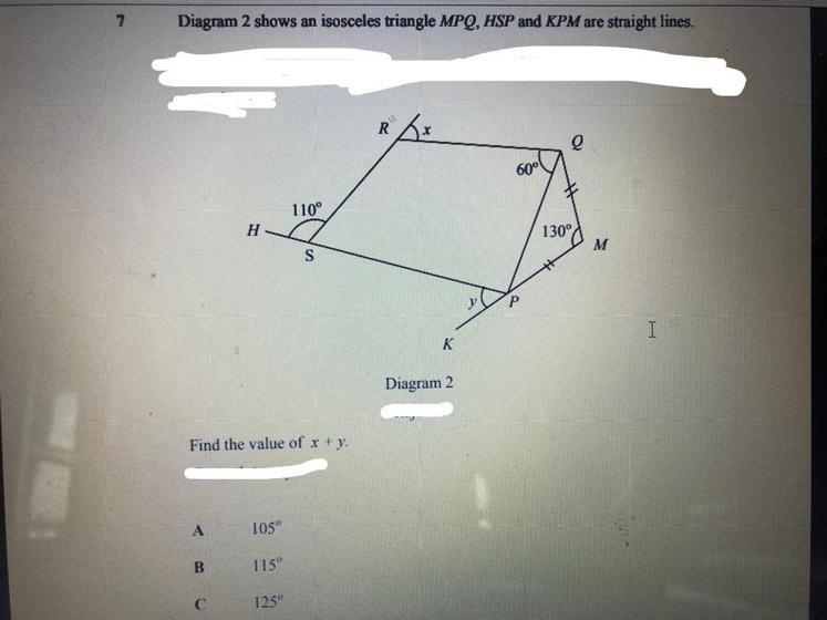 Diagram 2 shows an isosceles triangle MPQ, HSP and KPM are straight lines. Find the-example-1