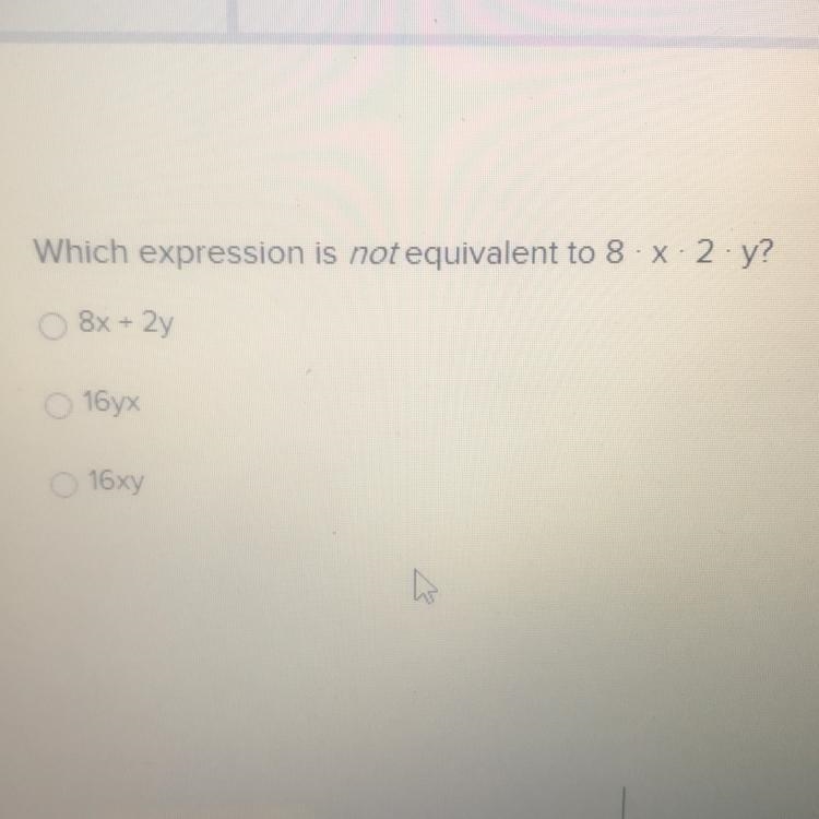 Which expression is not equivalent to 8 times x times 2 times y-example-1